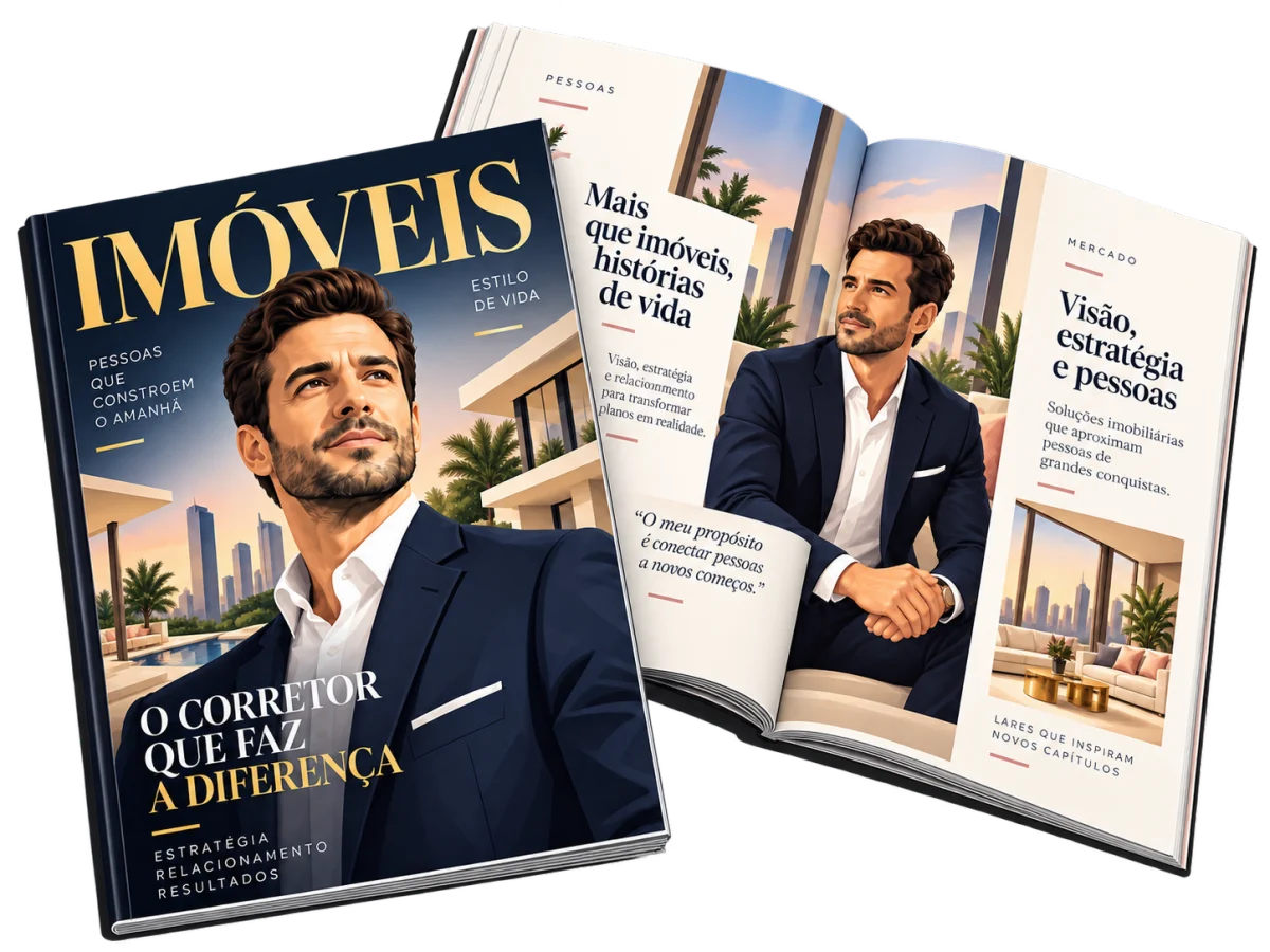 Revista com um corretor na capa e em matéria de página dupla